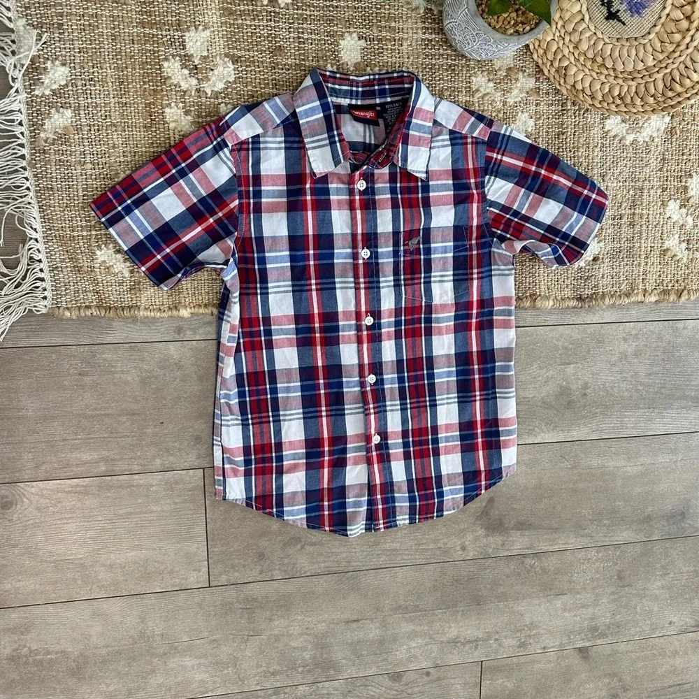 New Wrangler Boys Plaid Button Down Short Sleeve Shirt Size Small Red White Blue
